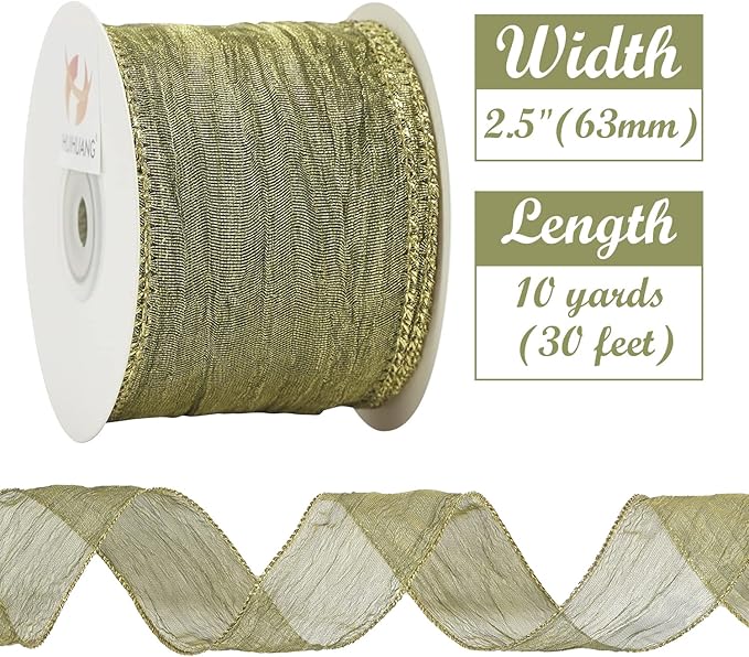 HUIHUANG Moss Green Wired Ribbon 2.5 inch Green Crinkled Silk with Gold Metallic Christmas Ribbon for Wreath Supplies Wedding Holiday Christmas Tree Decor Swags Gift Wrapping -10 Yards