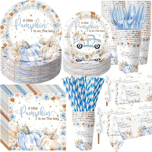 Potchen 452 Pcs Party Supplies Serve 50 Guests, Paper Plates Napkins Cups Cutlery Plastic Tablecloth Dinnerware for Birthday Wedding Party Decoration(Blue and Brown, Little Pumpkin Baby Shower)
