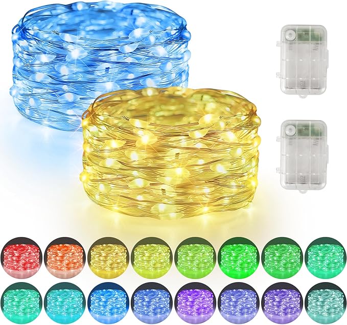 2 Pack 46Ft Fairy Lights Battery Operated, 140LED RGB Color Changing Sliver Wire String Lights for Bedroom,Backyard,Wedding,Tree, Mason Jar, Wall, Stairs,Christmas Decor