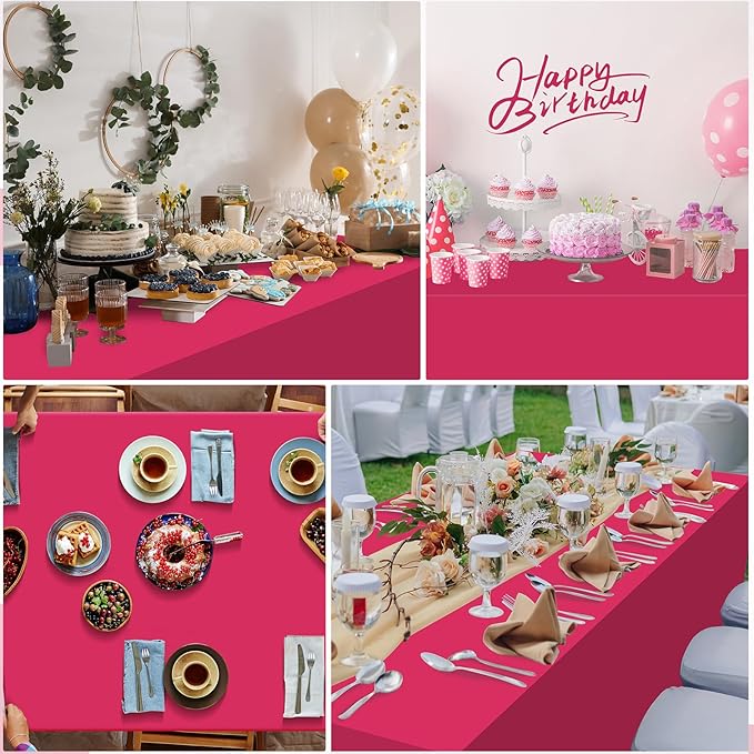3Pcs Hot Pink Tablecloth,Disposable Plastic Tablecloths,Waterproof Hot Pink Rectangle Table Cover for Graduation Birthdays Weddings Anniversary Party Decorations,54 x 108 Inch