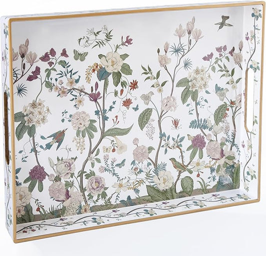Serving Tray with Handles, Rectangular Plastic Tray 15.75x11.81 Inch, Floral Art with Peony, Hydrangea, Magnolia & Magpie Style Decorative Tray for Kitchen, Dining Table, Vanity, Office & Home