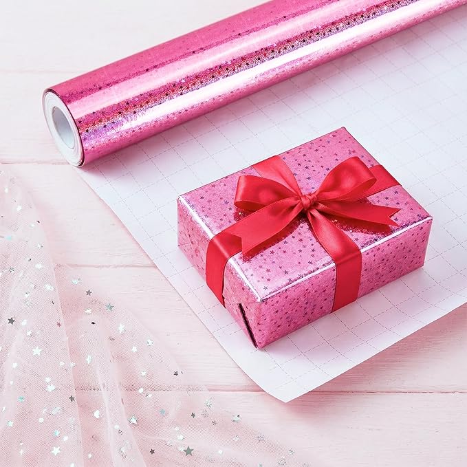 Bafeil Pink Wrapping Paper Roll, Holographic Wrapping Paper Birthday Girl, 80gsm Iridescent Star Gift Wrap Papers for Birthday, Wedding, Baby Shower, Mothers Day, Graduation 17 IN x 32.8 FT