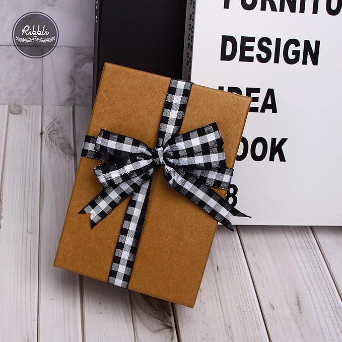Ribbli Black and White Gingham Ribbon,100% Polyester Woven Edge,5/8 Inch x 10 Yard,Plaid Ribbon,Buffalo Checked Ribbon (Black B)