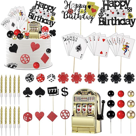 Beeveer 42 Pcs Casino Cake Topper Decorations with Candles Poker Game Chips Player Happy Birthday Cake Pick Set for Las Vegas Scene Birthday Party Decoration