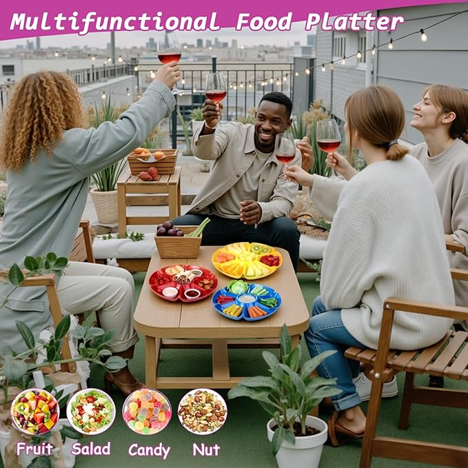 12 Pack Divided Serving Tray 7 Section Chip and Dip Platter Veggie Fruit Trays for Serving for Party with 100 Forks for Fruits, Veggies, Candy, Snack, Dessert, 12 inch