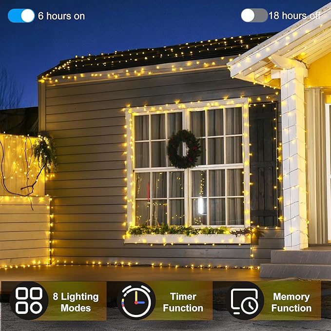 300LED String Lights - Indoor/Outdoor Use, 8 Modes, 100FT Fairy Lights, IP44 Waterproof for Xmas Patio Yard Fence Deck Balcony Garden Decor - Warm White