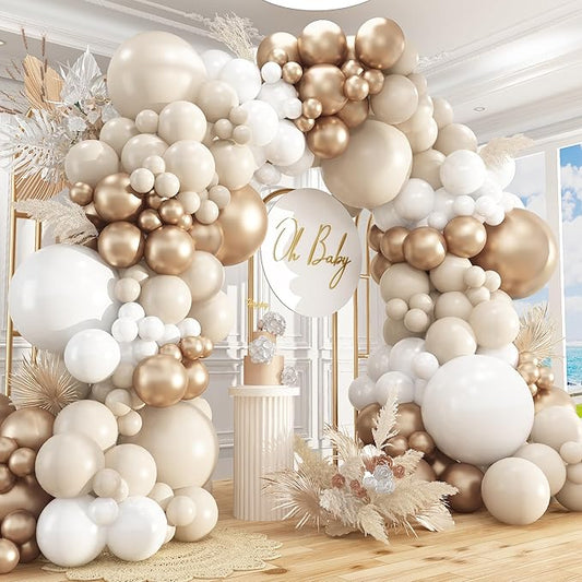 412Pcs White Sand Champagne Gold Balloon Arch Kit, Metallic Champagne Gold Neutral Balloons Garland for Boho Wedding Baby Shower Bridal Shower Engagement Anniversary Decorations