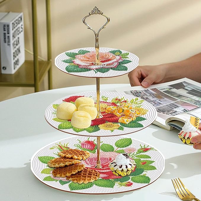 DoxQcs 3 Tier Wooden Diamond Art Painting Cake Cupcake Display Stand Round Cupcake Stand Dessert Tower Pastry Tray Platter for Tea Party Wedding Birthday-Rose