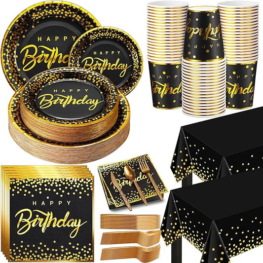 352 Pcs Black and Gold Party Dinnerware Set for 50 Guests Golden Dot Paper Plates Cups Napkins Plastic Tablecloths Forks Knives Spoons Black Gold Disposable Party Supplies for Birthday Decorations