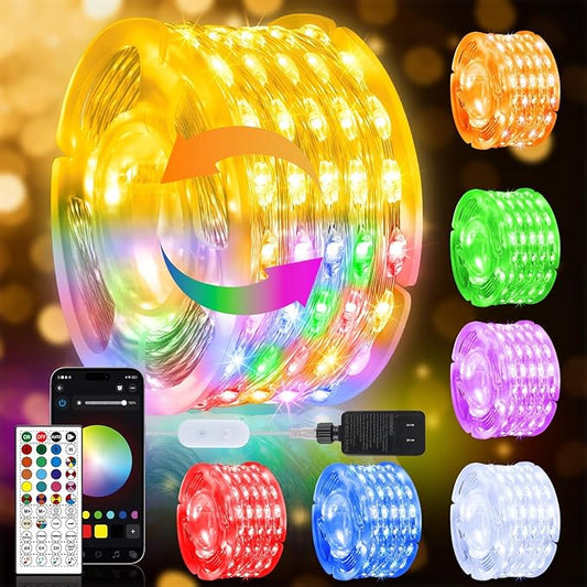 OMIKA Fairy Lights Plug in, 66FT 200 LED Smart String Lights Plug in with Remote & APP Controlled, Warm White + RGB Music Sync Timer, Twinkle Lights for Bedroom Classroom Holiday Christmas Decor