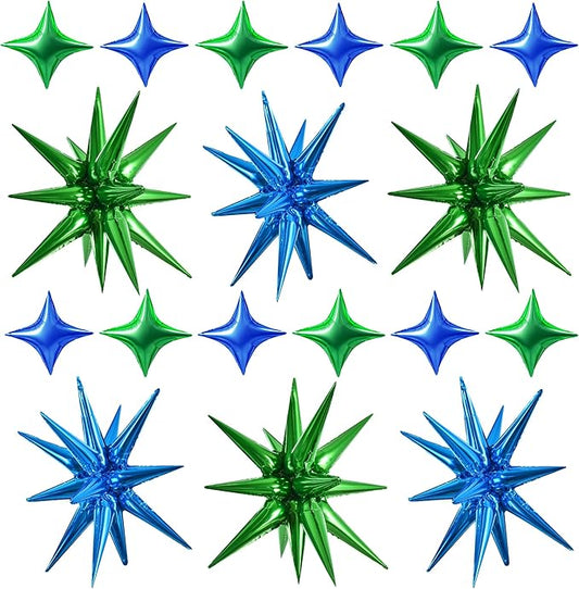 TONIFUL 18Pcs 22Inch Blue Green Large Explosion Star Mylar Balloons and 10Inch Four Pointed Star Balloons Set for Christmas New Year Birthday Wedding Bridal Shower Anniversary Photo Booth Supplies