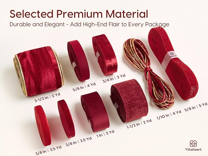 Vitalizart Red Velvet Ribbon 9 Rolls with Gift Tags Luxury Textured Burgundy Ribbon for Christmas Gift Wrapping Tree Ornaments Bows Wreaths Holiday Decorations