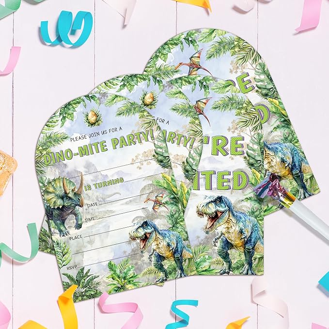 Dinosaur Birthday Party Invitations, T-Rex Theme Birthday Invitations for Boys, Please Join Us For A Dino-Mite Party, 20 Fill-In Dinosaur Party Decorations Supplies (arch)