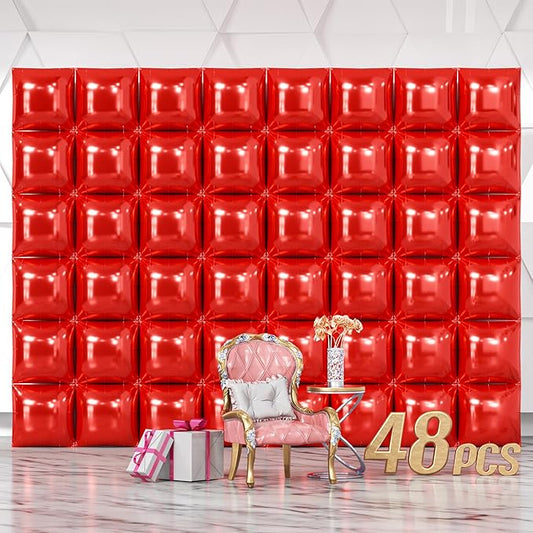 NISOCY 48PCS Red Square Foil Balloons Wall Backdrop Metallic Double Sided Red Christmas Balloon Tunnel Arch Kit for Birthday Baby Shower Valentine‘s Day Party Decoration