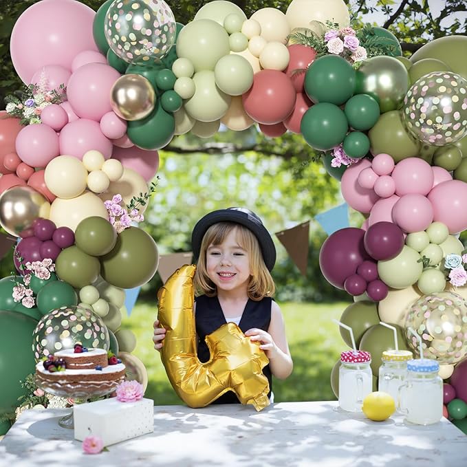 Ouddy Party Dusty Pink Green Yellow Balloons Garland Arch Kit, Different Sizes 18 12 10 5 Inch Sage Olive Green Mauve Plum Pastel Pink Latex Confetti Balloon for Baby Shower Birthday Party Decoration