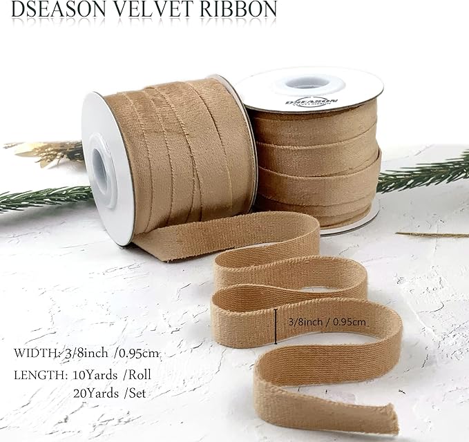 Velvet Ribbon Set 3/8" x 10 Yards, 2 Rolls 20 Yards, Dseason Handmade Nude Velvet Ribbon Set for Gift Wrapping & Bow Making, Christmas Tree, Wreath Decoration, DIY Crafts Decoration