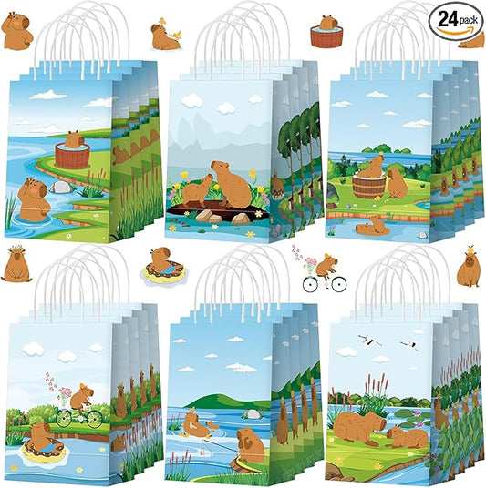 Kolldenn 24 Pcs Capybara Party Favors Bags Capybara Gift Goodie Paper Bags with Handles Cute Animals Treat Candy Pouch for Animals Themed Birthday Party Decorations Baby Shower Supplies