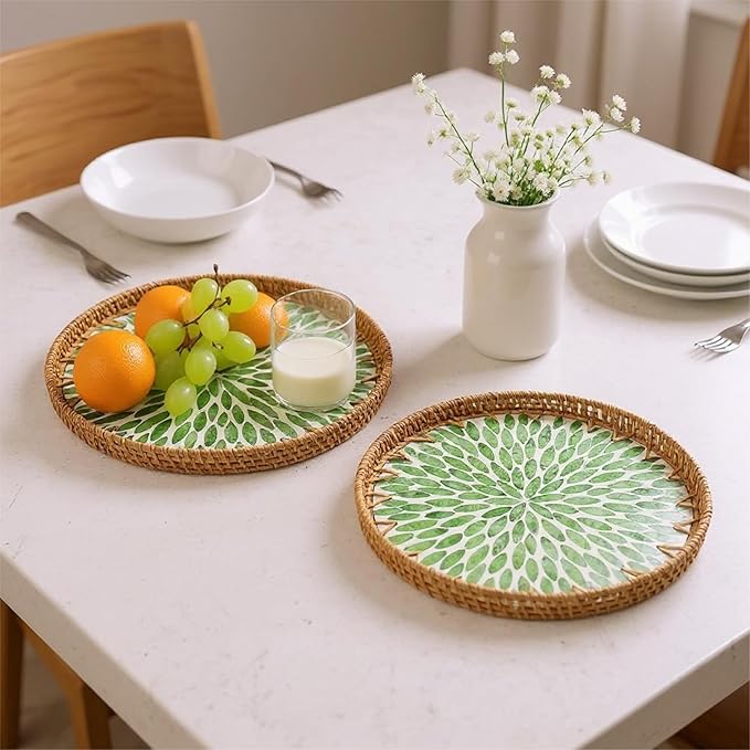 Round Rattan Tray with Mother of Pearl Inlay, Handwoven Wicker Coffee Table Serving Basket Tray for Fruit Snack Party Picnic Cafe Bedroom Kitchen Home Decor Set of 2 (Green Leaves)