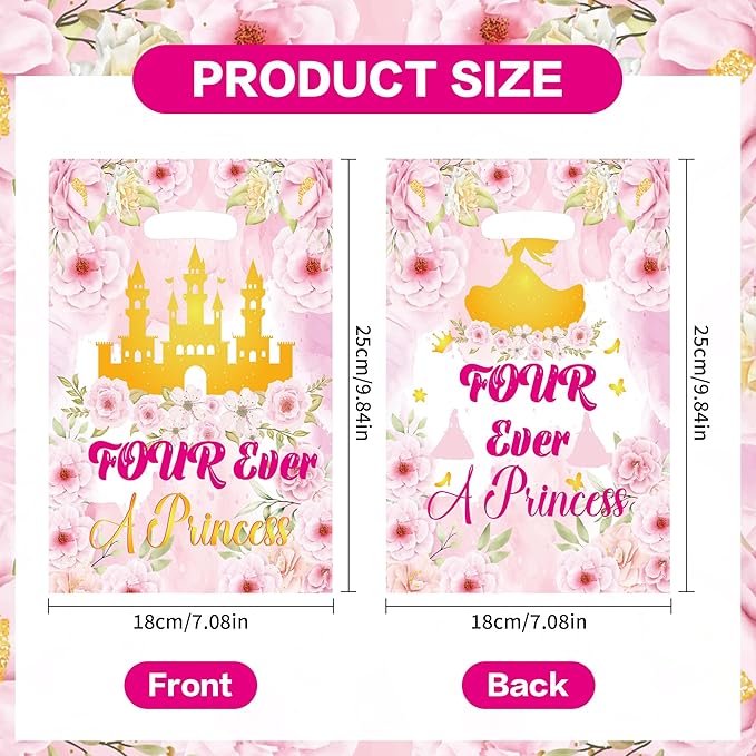 MOIZYNG 50Pcs Four Ever A Princess Gift Bags with Handles, Pink Gold Floral Castle Princess 4th Birthday Plastic Snack Treat Goodie Bags for 4 Year Old Girl Birthday Decorations