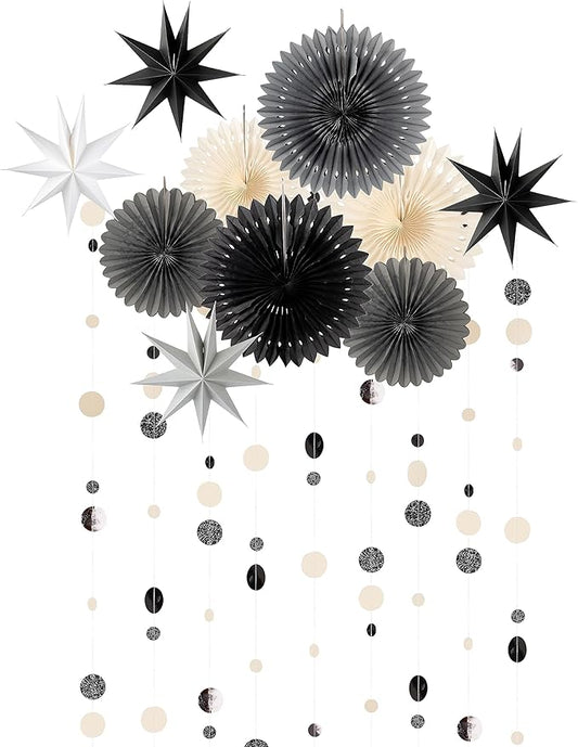 Cheerland Black White Star Party Decorations Gothic Summerween Decor Garland Glitter Hanging Paper Fan Dots Circle Backdrop Stars Steamer Banner Party Photobooth Background Birthday Party Supplies