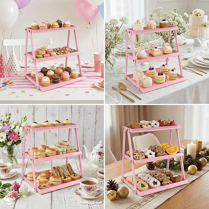 WWN Thickened metal 3 Tier Cupcake Stand with Pink Coating - Elegant Dessert Tower- Cookie Tray Rack- Tea Party Serving Platter- Easy Assembly Pink Cake Stand for Wedding Baby Shower