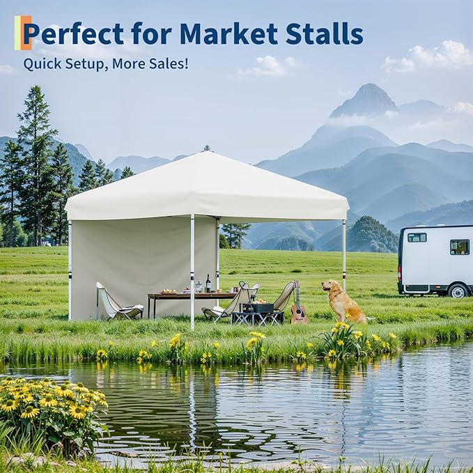 10x10FT Instant Pop Up Canopy Tent with 1 Side Wall, Heavy Duty Canopy Set, Waterproof and UV Protected Tailgate Tent for Outdoor Events (White)