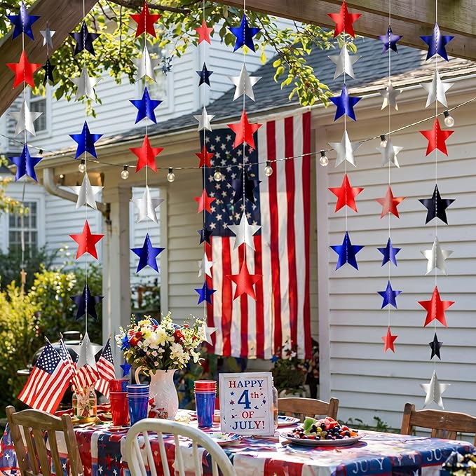 Patelai 130ft Glitter Star Garland, Red Silver Blue Patriotic Streamers Bunting Banner for 4th of July Independence Day Decorations, Memorial Veterans Day, 2026 Graduation Party Supplies