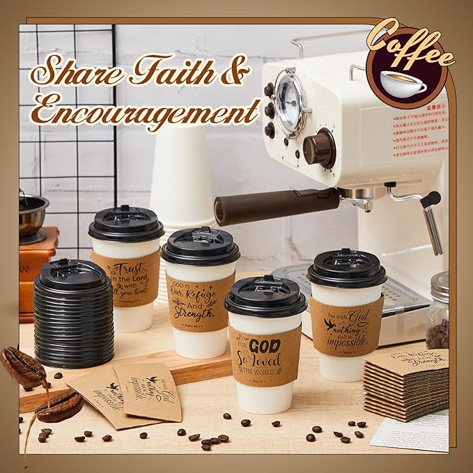 Jingmore 100 Set 12oz Christian Coffee Cups with Lids and Sleeves Disposable Bible Verse Paper Hot Cups for Religious Party Favors Sunday School Church Baptism