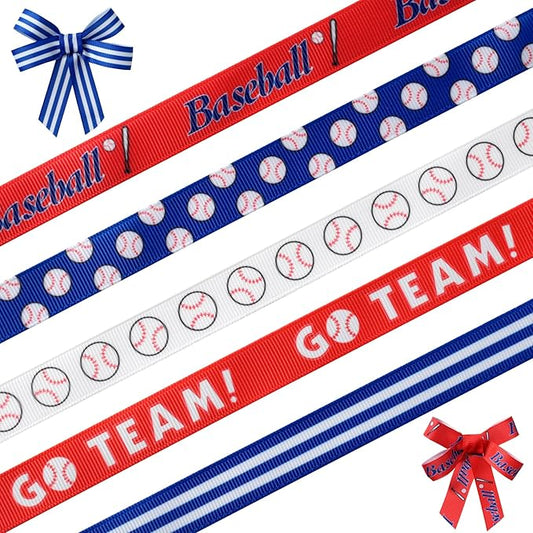 Baseball Ribbons 5 Rolls 20 Yards Total, 5/8" Sports Grosgrain Baseball Themed Ribbons for Gift Wrapping Crafts Making Hair Bows and Team Party Decor