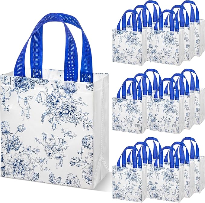 Sweetude 16 Pcs Bridesmaid Gift Bags Blue White Floral Gift Bags with Handle Flower Party Favor Non-woven Reusable Tote for Wedding Birthday Baby Shower Engagement DIY Shopping