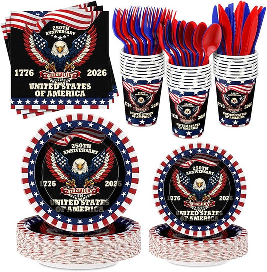 FoldTier 350 Pcs 250th Anniversary Decorations 4th of July Disposable Paper Plate Napkin Cups American Birthday Party Tableware Flag for Independence Memorial Day Party Supplies Serve 50 Guests