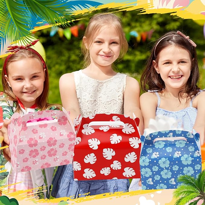 Marspark 12 Pack Hawaiian Themed Cartoon Birthday Party Supplies, Paper Gift Boxes, Cartoon Candy Treat Boxes for Birthday Party Decorations(Flower Pattern)