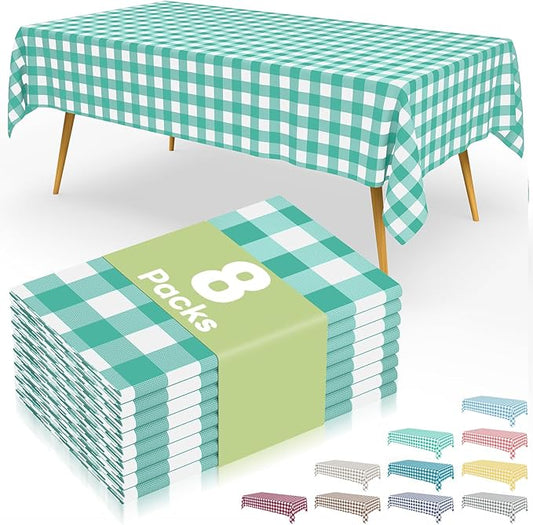 Smiry 8 Packs Gingham Disposable Table Cloth, 54 x 108 Inch Waterproof Plastic Tablecloth, Rectangle Teal and White Checkered Table Covers for Picnic, Birthday, Party