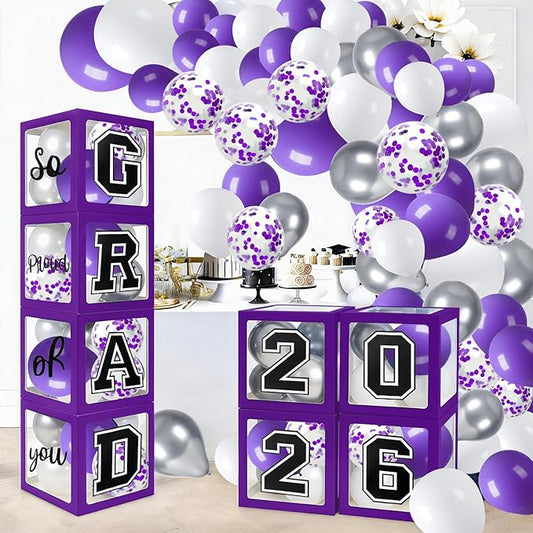Graduation Decorations 2026 Graduation Party Decorations Set of 4 Boxes with 129pcs Balloons Arch Garland Kit Party Supplies for Any Grades Purple