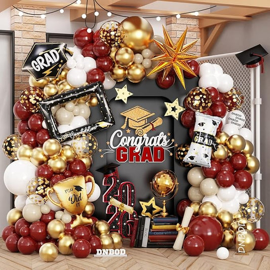 141Pcs Ruby Red Gold White Graduation Balloon Garland Arch Kit,with Explosion Star,Diploma,Trophy,Grad Hat,Photo Frame Foil Balloon for Congrats Class of 2026 Graduates Celebration Party Decoration