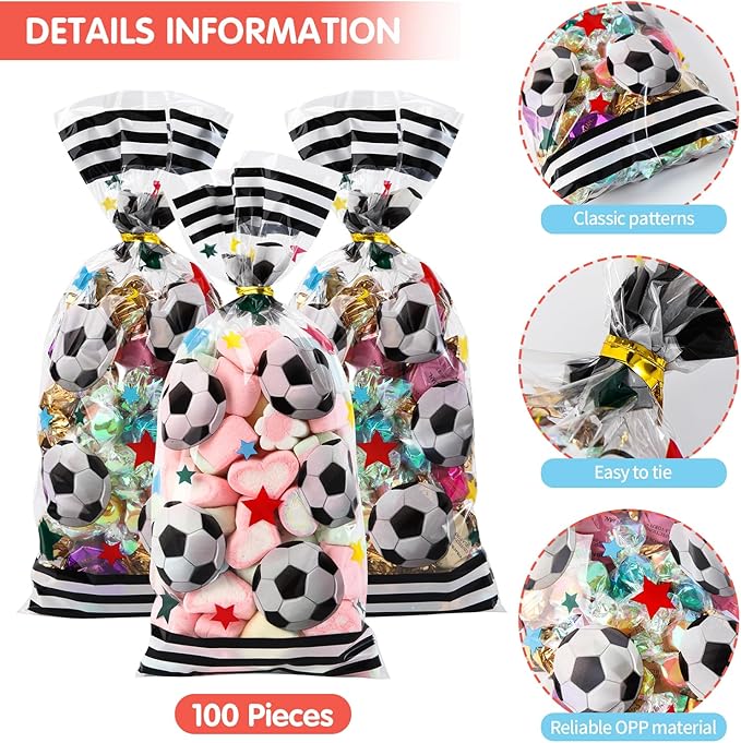 100 Pcs Soccer Cellophane Bags, 5 x 11 Inches Goodie Candy Gift Bags with 100 Gold Twist Ties for Candies, Snacks, Small Gifts, Party Supply Favor Gift