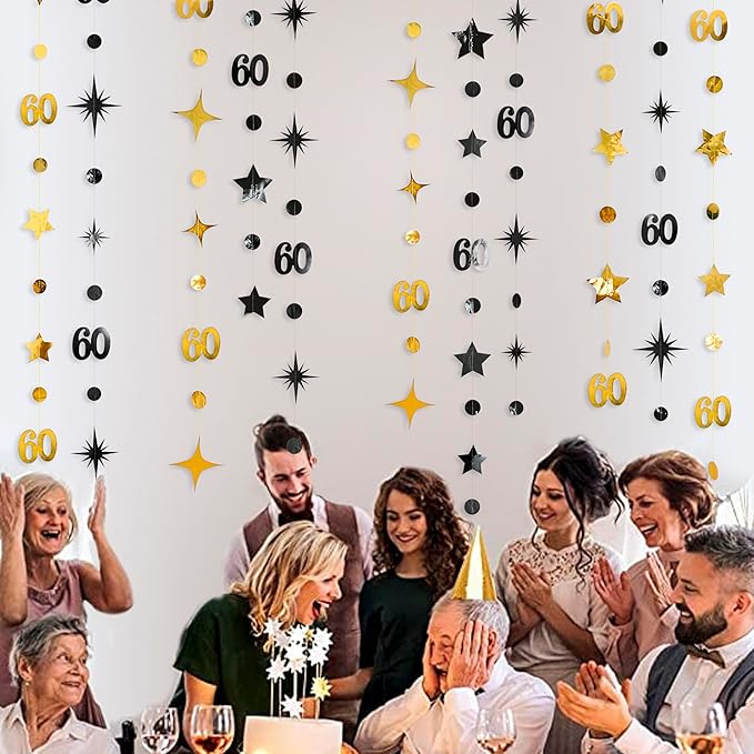 Black Gold 60th Birthday Decorations Number 60 Circle Dot Twinkle Star Garland Metallic Streamer Bunting Banner Backdrop for Mens Cheers to 60 Year Old Happy 60th Birthday Anniversary Party Supplies