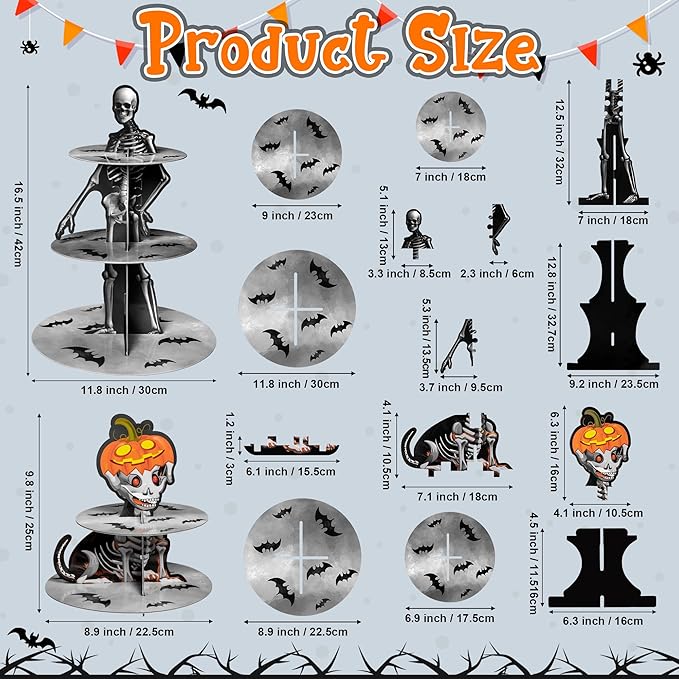 Haooryx Dachshund Dog Skeleton Cupcake Stand - 3 Tier Halloween Pumpkin Dog Bone Cupcake Tower Cardboard Gothic Dessert Holder Pastry Platter for Halloween Party Table Decoration Birthday Party Supply