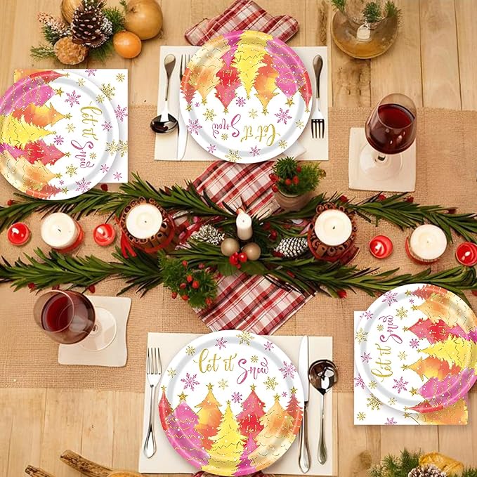 72Pcs Pink Christmas Paper Plates and Napkins Let It Snow Party Plates Gold Pink Xmas Tree Snowflake Party Supplies Tableware Set for Christmas Winter Holiday New Year Decorations