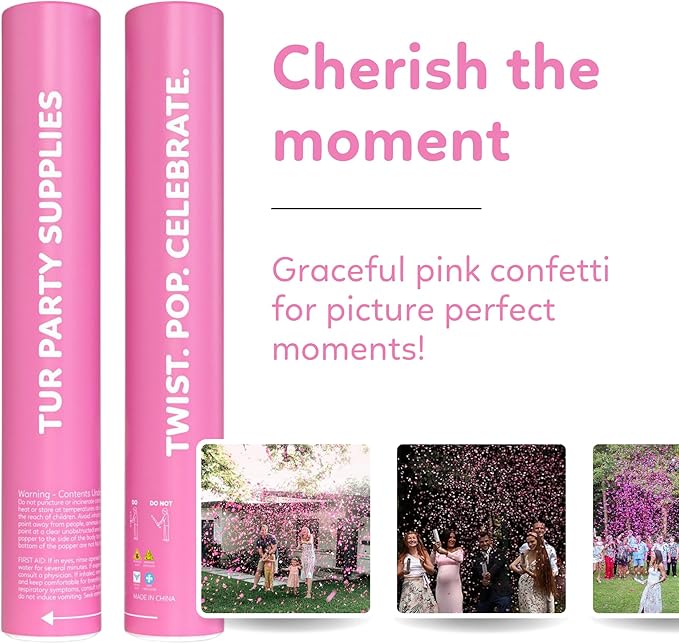 Pink Confetti Cannon Poppers | 2 Pack | Biodegradable Pink Confetti | TUR Party Supplies | Up to 25ft | Giant (12”) | Party Poppers for Graduation, Birthdays, and Bachelorette & Princess Parties