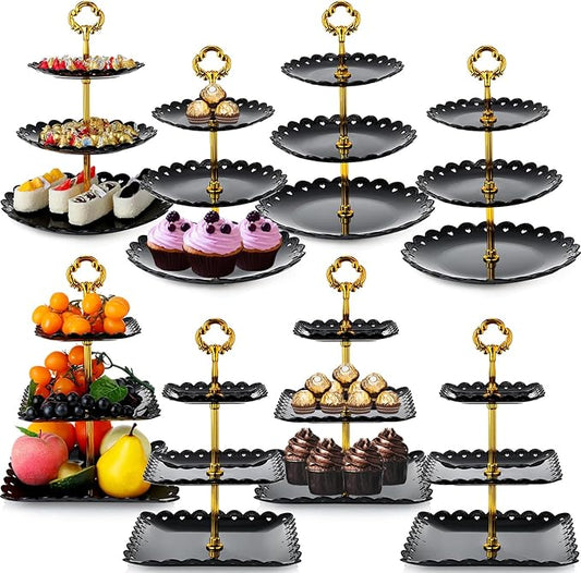 8 Pieces 3 Tier Plastic Cupcake Black Pastry Stand Cake Fruit Candy Dessert Table Display Set Tiered Serving Tray Round and Square Cup Cake Tier Stand for Wedding Birthday Tea Party Decoration