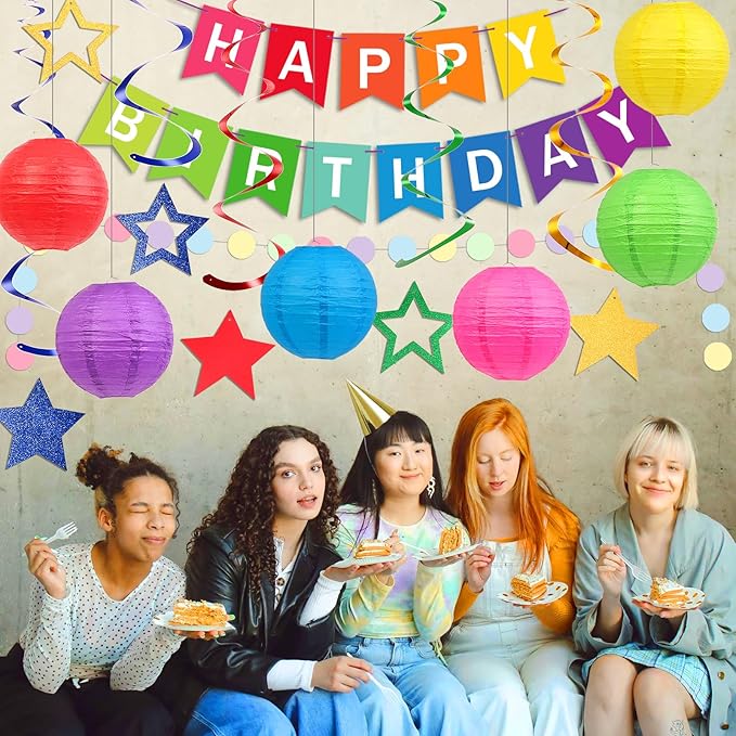 Happy Birthday Decorations, Colorful Birthday Party Decorations Set with Happy Birthday Banner, Paper Lanterns, Star Swirl Hanging Decorations & Circle Dots Garland