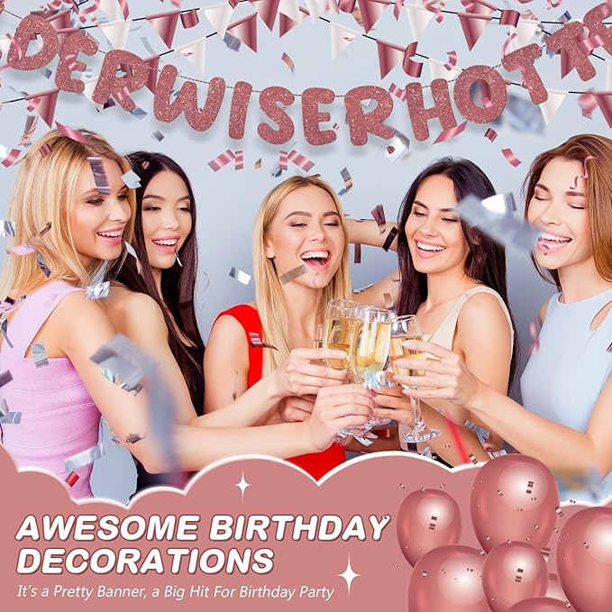 Fulmoon Set of 3 Pre Strung Older Wiser Hotter Glitter Banner Funny Birthday Banner for Women 30th 40th 50th 60th 70th 80th Birthday Party Decorations Sign Gift(Deep Rose Gold)