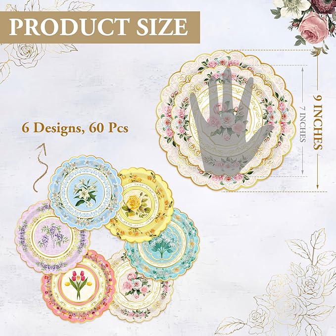 60-Pack Floral Paper Plates, Tea Party Decorations, 9 Inch Disposable Floral Plates for Tea Party, Baby Shower, Bridal Shower, Birthday, Wedding and Any Celebration