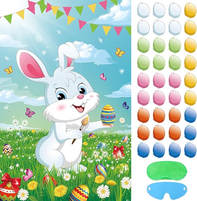 Pin The Tail on The Bunny Game with 36 Pcs Tails, Large Easter Bunny Party Games Poster for Kids Easter Party Supplies, Carnival Birthday Party Decoration
