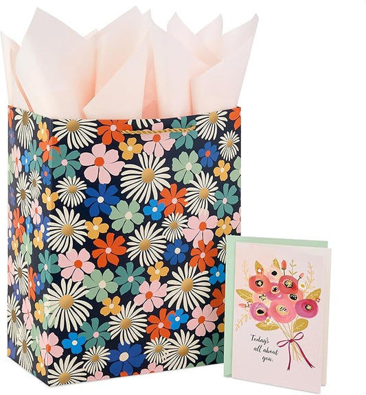 Hallmark 13" Large Floral Gift Bag with Tissue Paper and Birthday Card (Modern Flowers, Pink, Sage, Blue, Black, Yellow) for Mom, Daughter, Sister, Girlfriend, Aunt, Nana