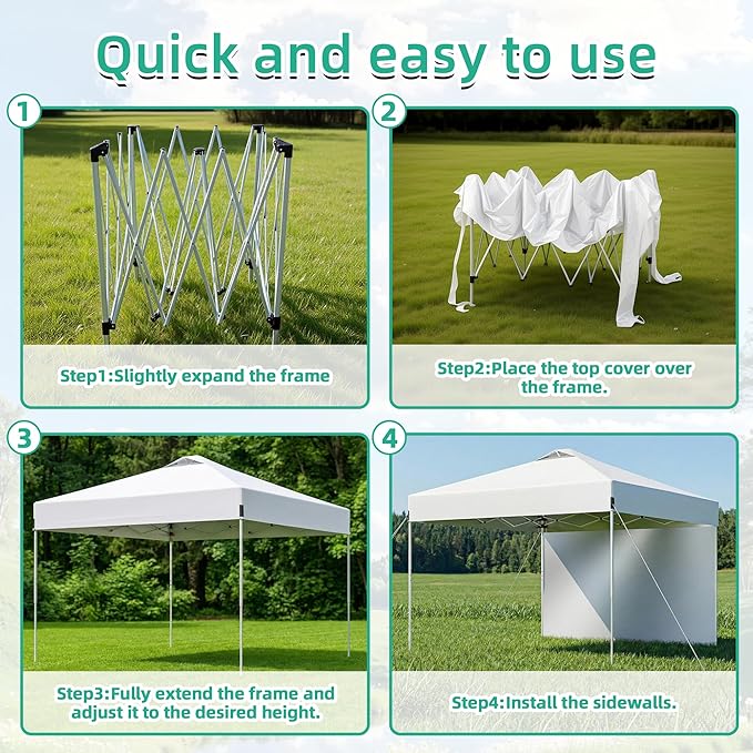 10X10FT White Pop Up Canopy Tent with 1 Sidewalls & Roller Carrybag, Outdoor Adjustable Height Instant Shelter Gazebo with Sturdy Ground Spikes & Sandbags for Camping, Patio, Backyard, Event