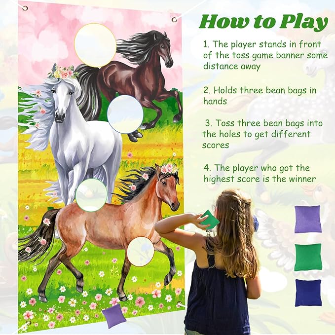 Horse Toss Games with 3 Bean Bags Pink - Horse Birthday Party Games Include Horse Toss Game Banner and Bean Bags for Girls Adults, Western Cowgirl Theme Birthday Party Indoor Outdoor