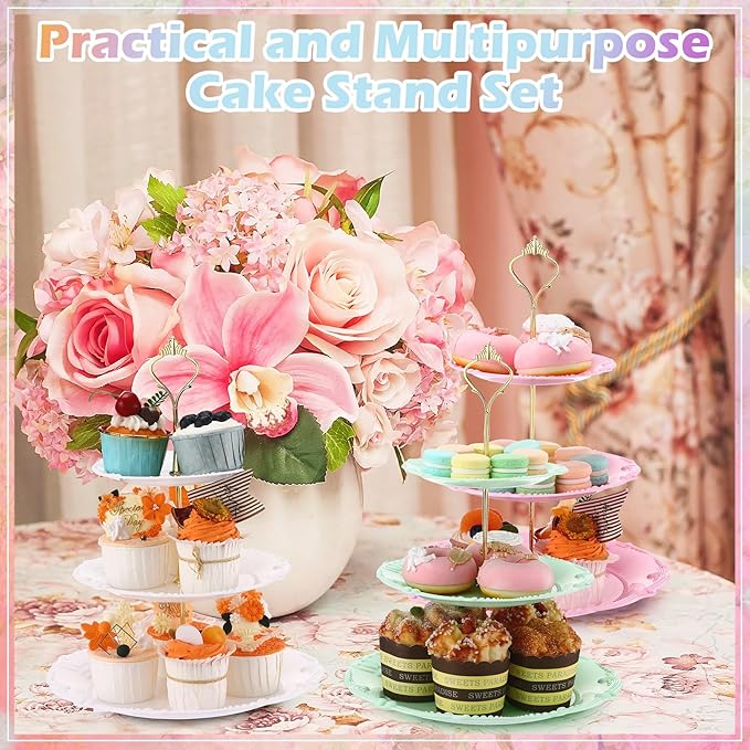 3 Sets Tea Party Decorations of 3 Tier Wedding Plastic Dessert Table Display Set Cupcake Stand Dessert Plates Cake Candy Display Tower Wedding Birthday Baby Shower Tea Party Decoration