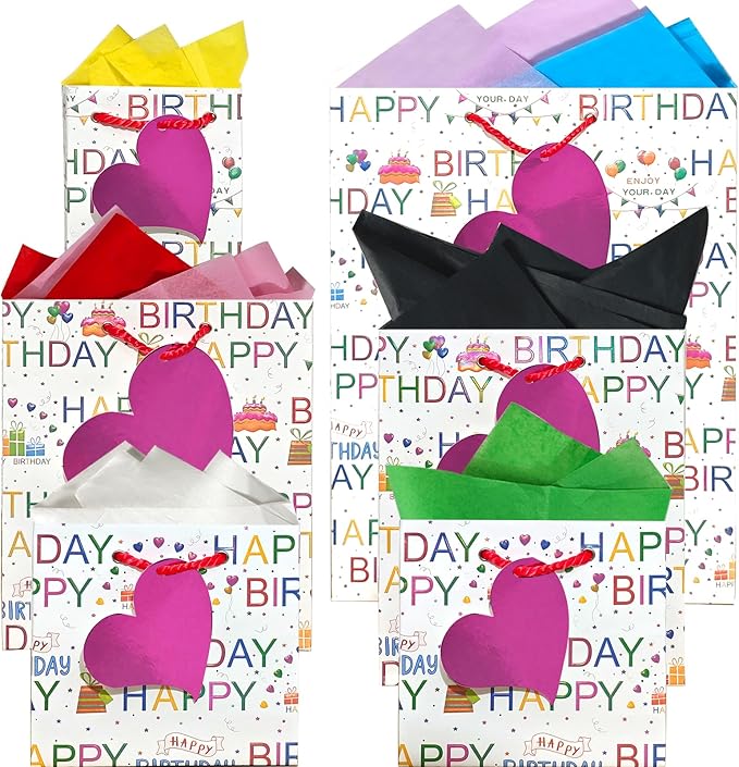 6 Pack Happy Birthday Gift Bags With Handles and 8 Colorful Tissue Papers,Assorted Size of Paper Gift Bag for Boy/Girls Kids Women Birthday Party, Anniversay Celebrations